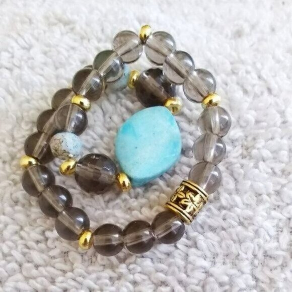 🎁☃️❄️ $10 Stocking Stuffers! Smoky Gray Crystal + Aqua Jasper Boho Bracelet 7" - Picture 6 of 8